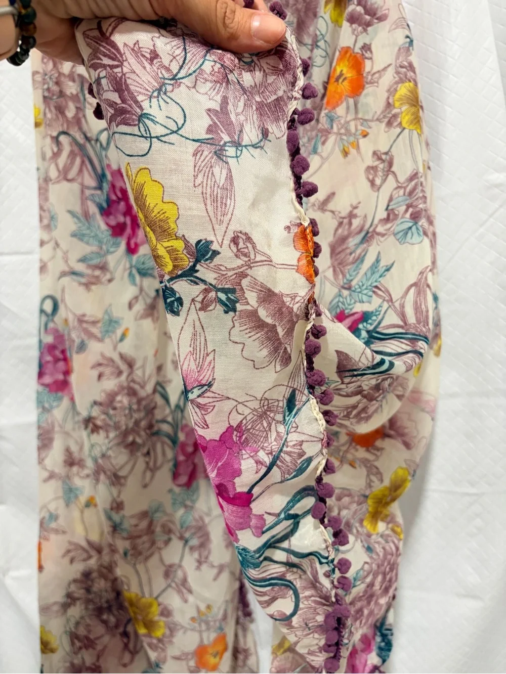 Floral Pom-Trim Lightweight Women’s Scarf - Pink Multi